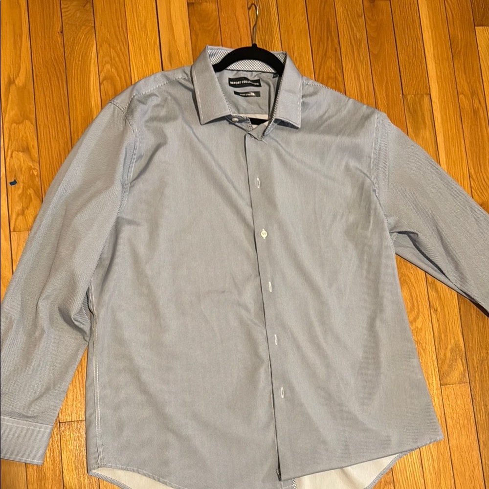 Report Collection Blue Dress Shirt with Long Sleeves and Pointed Collar